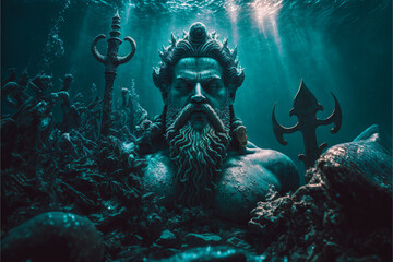 Sunken statue of the god Poseidon, ancient Greek mythology, ai generated art - obrazy, fototapety, plakaty