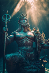 Sunken statue of the god Poseidon, ancient Greek mythology, ai generated art