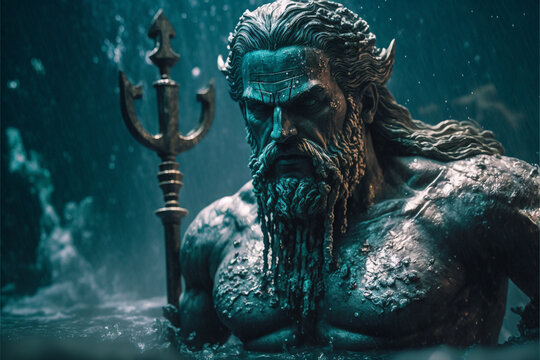 Sinking statue in the downpour of the god Poseidon, ancient Greek mythology, AI generated art