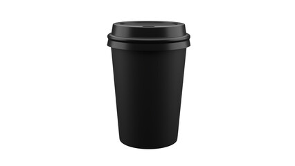 Black paper disposable coffee cup or mug with black plastic lid isolated on transparent background. Paper cup for hot beverage. Coffee concept. 3D render