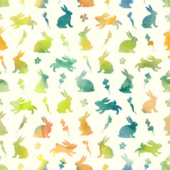 Hand drawn seamless pattern with cute doodle watercolor silhouette bunnies. Easter background. Perfect for textile or paper wrapping design. Vector illustration - 570749901