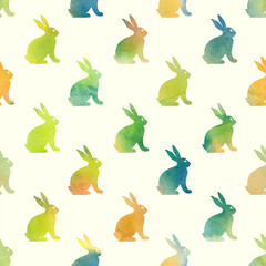 Hand drawn seamless pattern with cute doodle watercolor silhouette bunnies. Easter background.