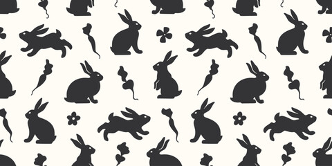 Hand drawn seamless pattern with cute doodle silhouette bunnies. Easter background. Perfect for textile or paper wrapping design. Vector illustration