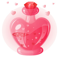 Pink glass bottle with love potion. love drink with heard. St. Valentines Day design. Vector clip-art illustration isolated on white background.
