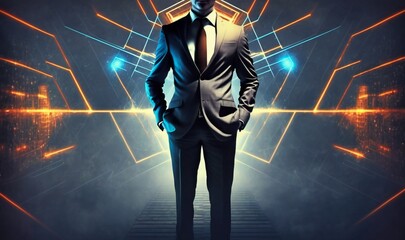 Businessman in suit standing over orange futuristic interface with graphs background. Network hologram. Protect Privacy. Ai generative.