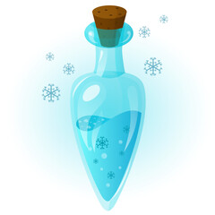Blue glass bottle with freezing potion. Freezing drink with snowflake. Vector clip-art illustration isolated on white background.