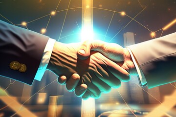 Handshake between two financial businessmen, conceptual illustration. Ai generated.