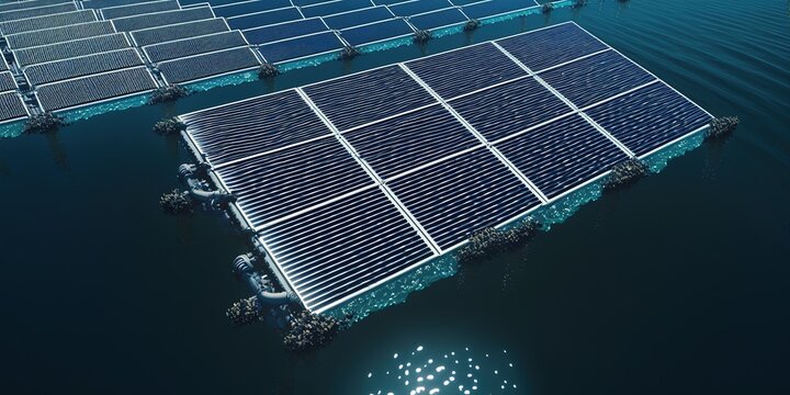 Group of floating solar panels in an installation on the water of a lake. Ai generative