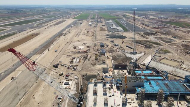 Aerial drone view of the construction site of the new Western Sydney International Airport at Badgerys Creek in Western Sydney, NSW, Australia heading north toward Elizabeth Drive in February 2023    