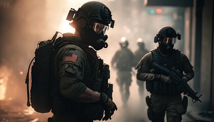 Special ops soldiers fight for survival in chaotic urban warfare in New York City. On fire, armed with rifles, and wearing gas helmets, they navigate debris-filled streets while under attack.