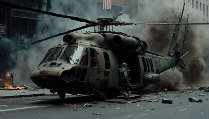 Fototapeta na wymiar Military helicopter shot down during enemy attack in New York City. Soldiers armed with rifles, and wearing gas helmets, they navigate debris-filled streets while under attack.