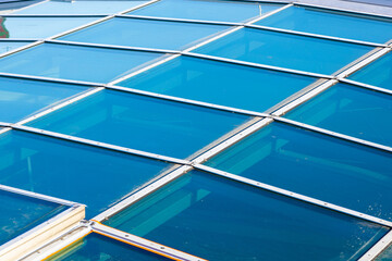 Figured glass roof, blue glass on the roof of the building