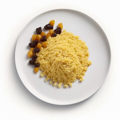 Couscous, boiled corn cereal semolina served on a white plate. Generative AI Technology