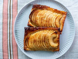 Tasty sweet French dessert, baked apple cake, Normandy region, France, close up