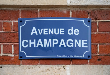 Low season in winter in Champagne sparkling wine making region, Champagne, France. Road signes and towns of destinations, Avenue of Champagne in Epernay
