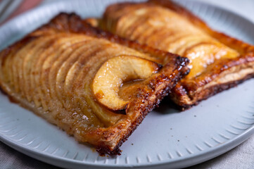 Tasty sweet French dessert, baked apple cake, Normandy region, France, close up