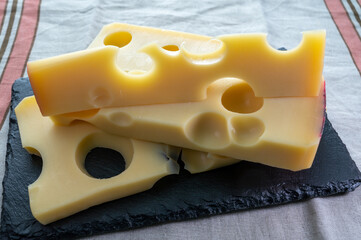 Swiss cheese collection, yellow emmentaler or emmental cheese with round holes