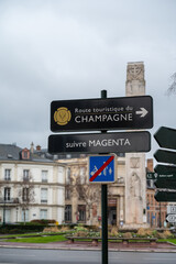Low season in winter in Champagne sparkling wine making region near Reims, Champagne, France. Road signes and towns of destinations, Gran Cru village