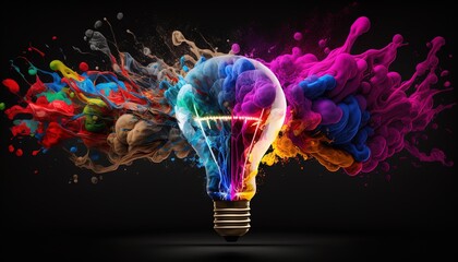 Lightbulb eureka moment with Impactful and inspiring artistic colourful explosion of paint energy created with generative ai technology - obrazy, fototapety, plakaty