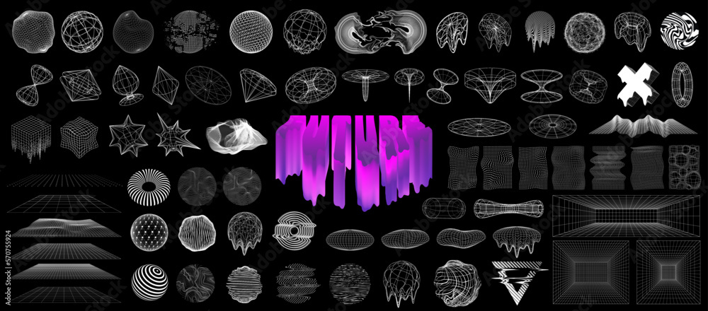 Aufkleber Graphic box universal geometric shapes for 80s-90s. Retrofuturistic cyberpunk figures in wireframe mesh with glitch, liquid effects. Retro shapes cyberpunk. Universal Vector abstract grid elements 90s