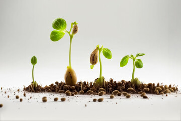Growth Sequence - A sequence of seedlings growing progressively taller, close up. New life growth generative ai