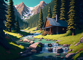 Breathtaking mountain landscape, stream sparkling winding, peaks towering, water rushing, birds singing, breeze, wooden cabin charming, moss soft green, flowers, shrubs blooming, Generative AI