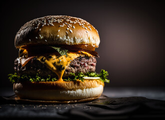 Juicy hamburger, plate, patty (fresh ground beef), buns (soft, toasted), condiment, lettuce, tomato, cheese (melted), Generative AI

