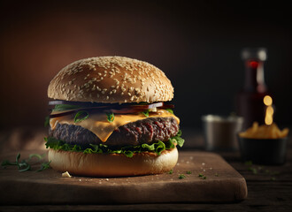 Juyce hamburger on a wooden table generative AI