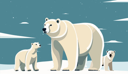 The white bear and her cub bear walks through the snow. Mother and child. The glacier, snow-covered plains. Starry night in the North. Landscapes of the Arctic. Vector illustration