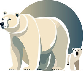 The white bear and her cub bear walks through the snow. Mother and child. The glacier, snow-covered plains. Starry night in the North. Landscapes of the Arctic. Vector illustration