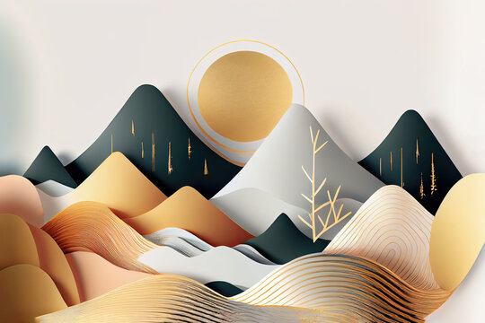 Vector background picture of mountains with watercolor brush and golden line art texture.