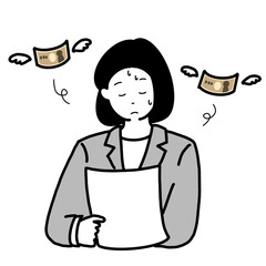 出費が増える旨のお知らせを受け取った女性と羽の生えたお札