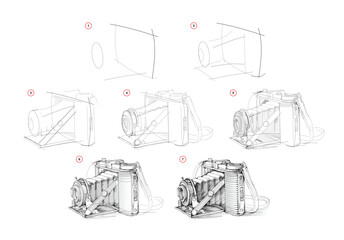 Page shows how to learn to draw sketch of old camera. Pencil drawing lessons. Educational page for artists. Textbook for developing artistic skills. Online education. Vector illustration.