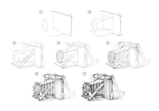 Page shows how to learn to draw sketch of old camera. Pencil drawing lessons. Educational page for artists. Textbook for developing artistic skills. Online education. Vector illustration.