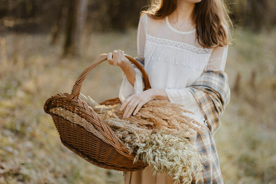 Femme &eacute;l&eacute;gante dans la campagne qui cueille des fleurs sauvages dans un panier en osier