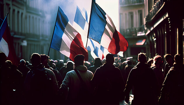 Protests in France. Crowd of protesters with flags. Generative AI