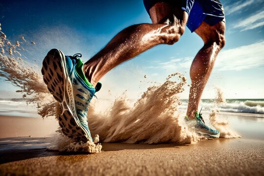 Athletic Running on the Beach. Generative AI