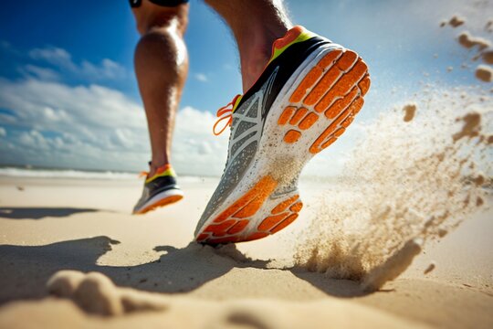 Athletic Running on the Beach. Generative AI © Scrudje
