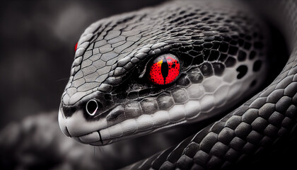 Fototapeta premium Tier Color-Key-Effekt: Schwarz-weiß Foto von einer Schlange mit roten Augen - Generative Ai