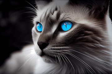 Tier Color-Key-Effekt: Schwarz-weiß Foto von einer Katze mit blauen Augen - Generative Ai