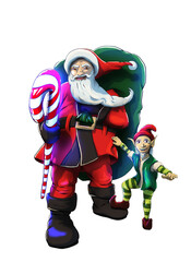 A conceptual illustration of Santa Claus and his helper on an amazing journey to save Christmas on a transparent background