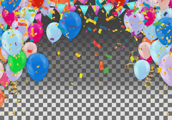 Holiday background with balloons, flags, streamer. Place for text. Vector festive illustration. colorful balloons