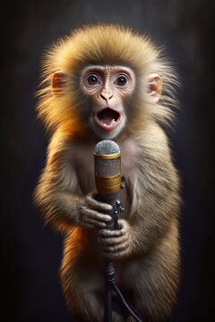 A fluffy monkey sings into the microphone from the stage. An image created using artificial intelligence technology