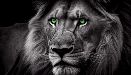 Tier Color-Key-Effekt: Schwarz-weiß Foto von einem Löwen mit grünen Augen - Generative Ai