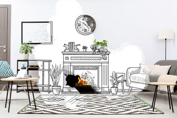 From idea to realization. Beautiful living room interior with fireplace and houseplants. Collage of...