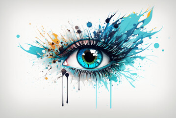Close up of a person's eye with splashes of blue, black and yellow on a white background
