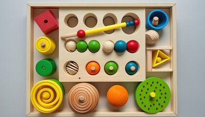 Toddler activity for motor and sensory development. Baby hands with different colorful wooden toys on table top view. - obrazy, fototapety, plakaty