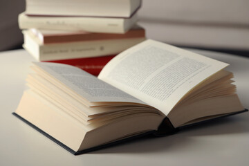 Open book on white table indoors, closeup