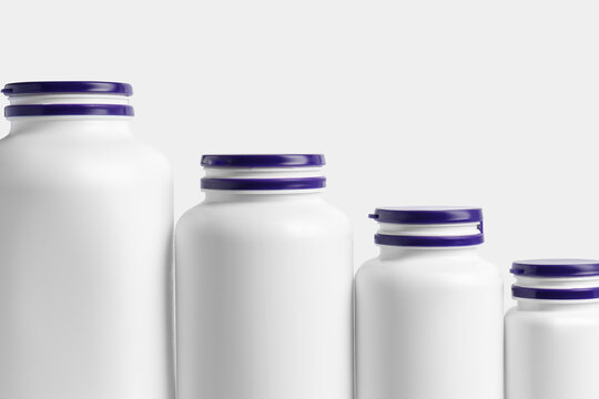 Row Of Different Plastic Medicine Bottles On White Background. Medicament