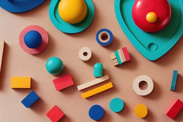 Toddler activity for motor and sensory development. Baby hands with different colorful wooden toys on table top view. - obrazy, fototapety, plakaty